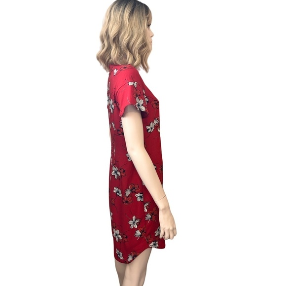 Banana Republic Shift Dress Red Hibiscus Print Fluted Sleeve Rounded Hemline - Picture 10 of 14